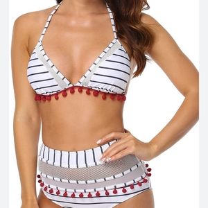 Cocoship Striped Mesh Trim Pom Pom Tassel Bikini Top Size 8